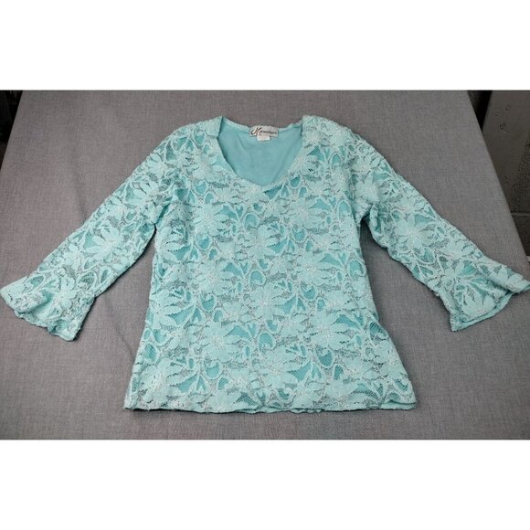 dressbarn Tops - Dressbarn Women's Blue Floral Sheer Overlay 3/4 Bell Sleeve Scoop Neck Blouse M
